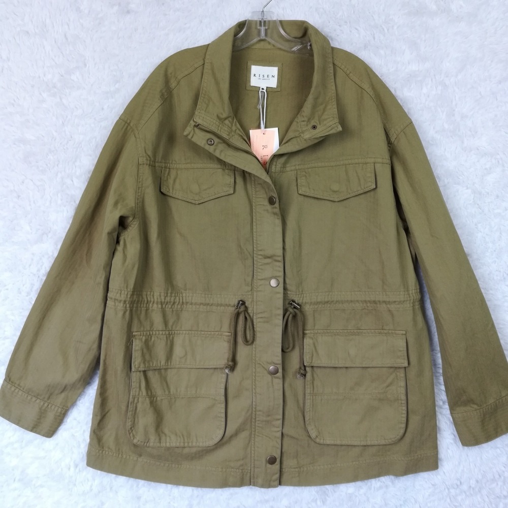 Risen Womens Jacket Utility Oversize Olive Green Full Zip Herringbone 3X New